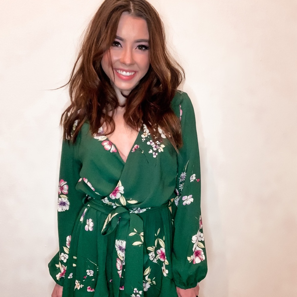 Purple Snow Green Floral Long Sleeve Flounce Dress